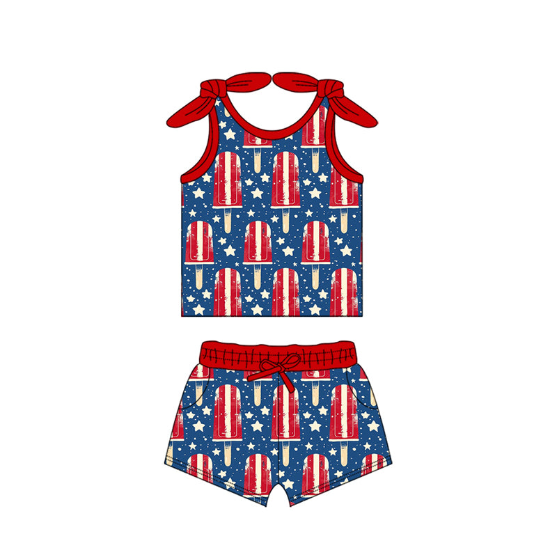 Preorder (moq 5)Baby Girls Red Bows Strap Stars Popsicle Top Pockets Short 4th Of July Sets