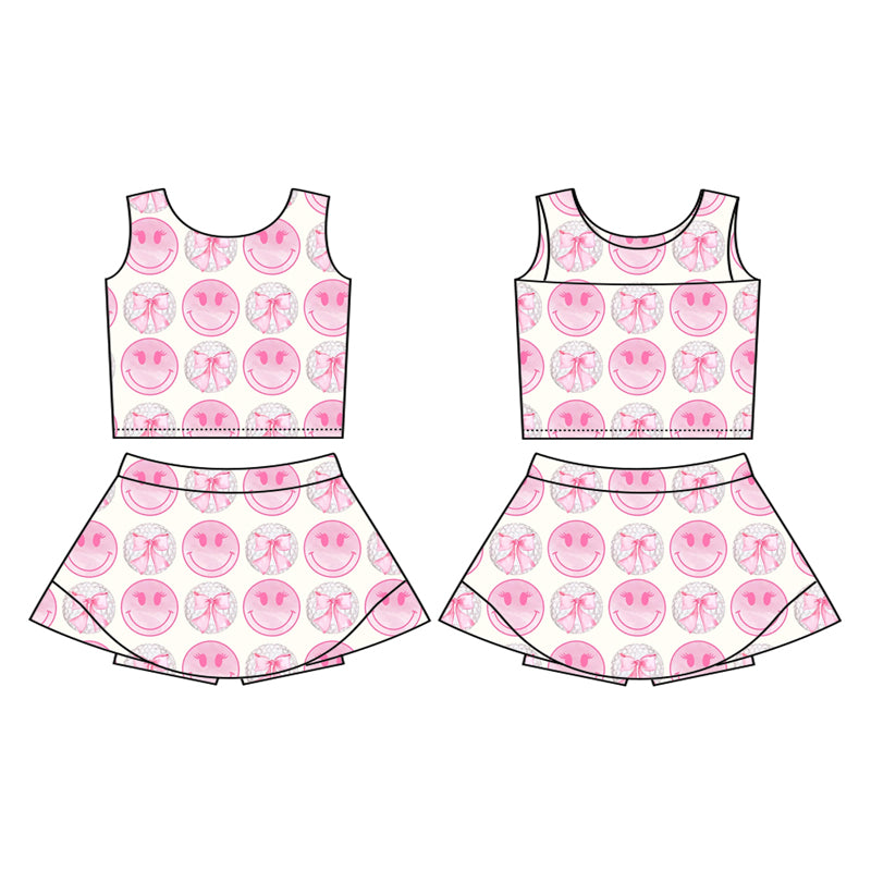 Preorder (moq 5)Baby Girls Pink Sleeveless Smile Bows Top Skort Yoga Active Set