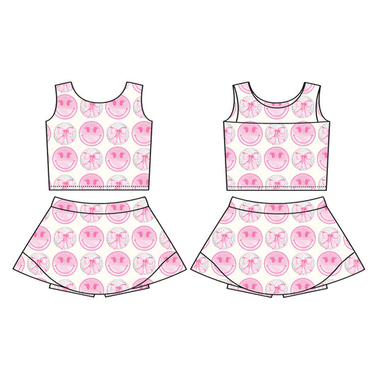 Preorder (moq 5)Baby Girls Pink Sleeveless Smile Bows Top Skort Yoga Active Set