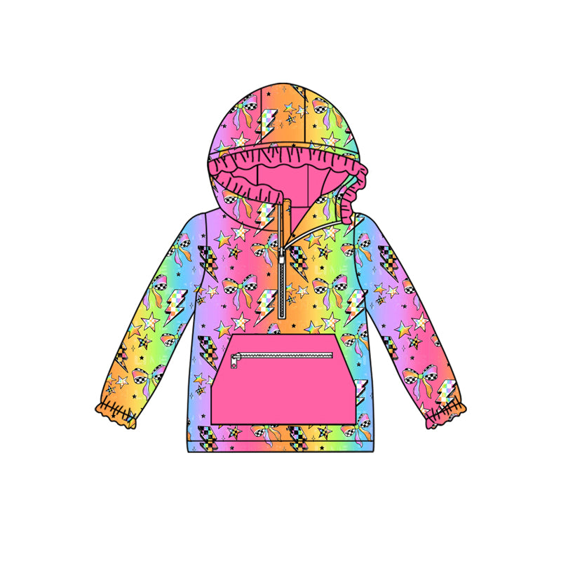 Preorder (moq 5)Baby Girls Colorful Bows Lights Plaid Pocket Zipper Hoodies Top