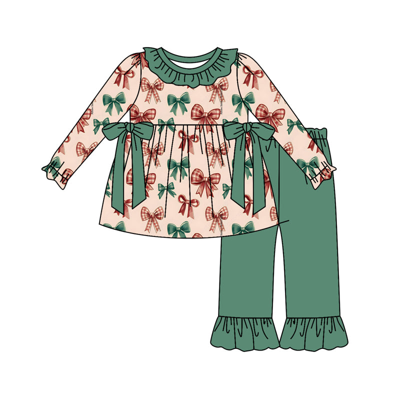 Preorder (moq 5)Baby Girls Long Sleeves Colorful Bows Tunic Green Ruffle Pant Set