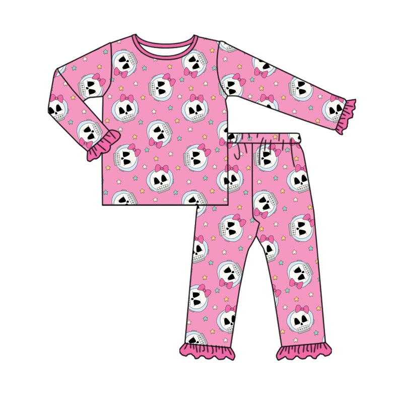 Preorder (moq 5)Baby Girls Pink Long Ruffle Sleeves Stars Skulls Top Pant Pajamas Set
