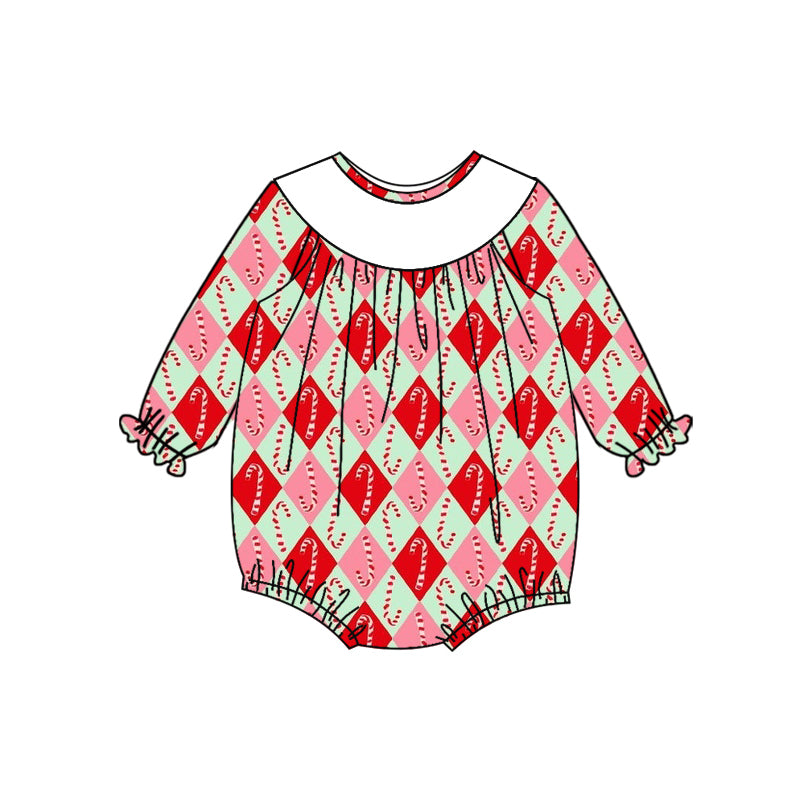 Preorder (moq 5)Baby Girls Long Sleeves Red Green Candy Cane Plaid Ruffle Romper