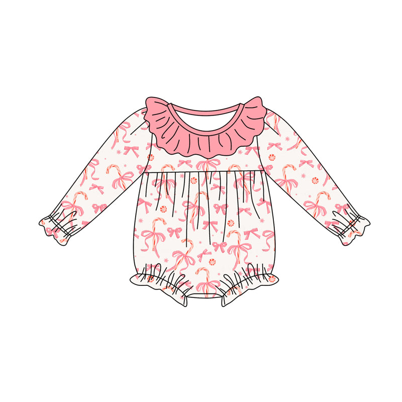 Preorder moq 5 Baby Infant Girls Long Sleeves Pink Bows Candy Cane Plaid Ruffle Romper
