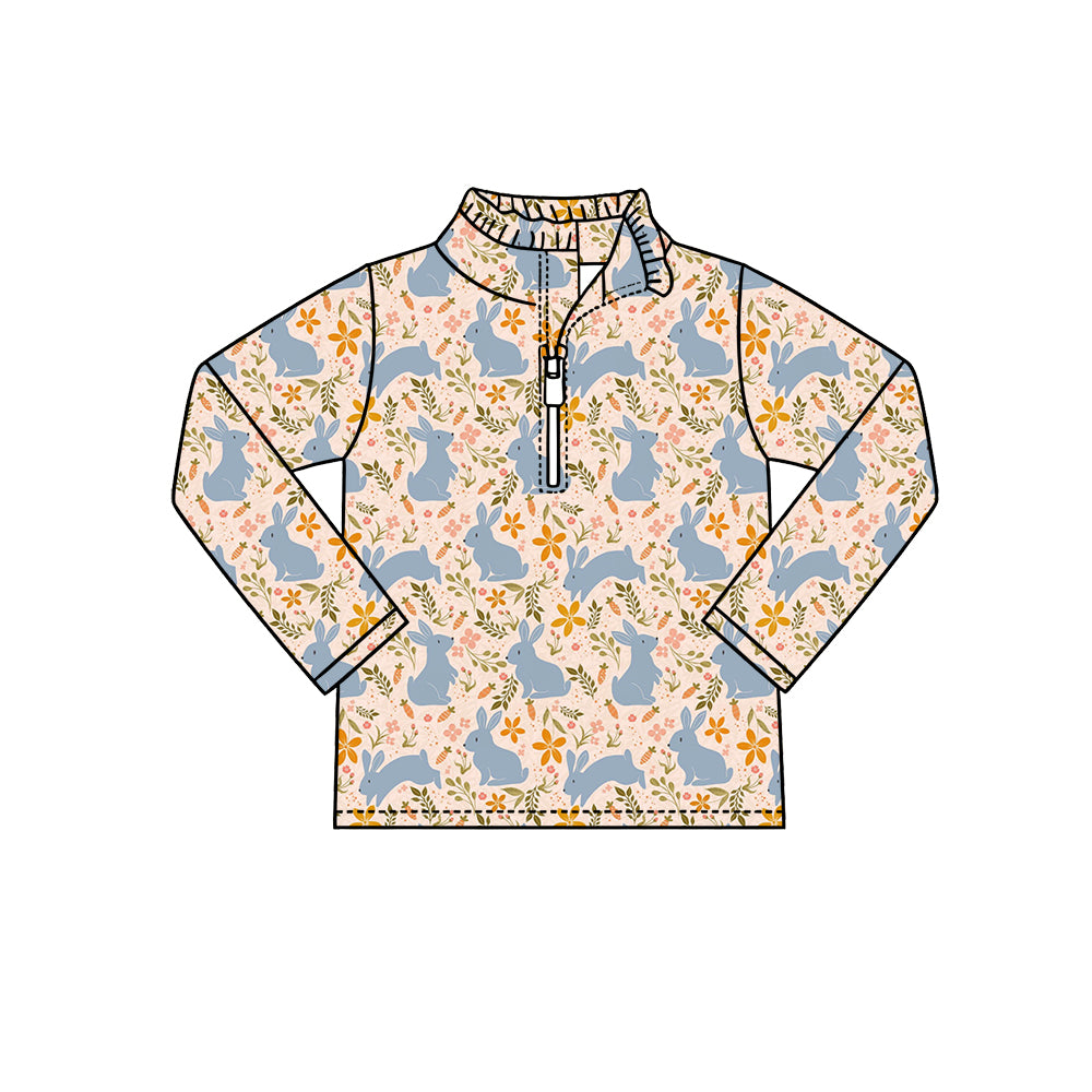 Preorder (moq 5) Baby Girl Clothes Blue Bunny Wildflower Allover Print Long Sleeve Half Zip Top