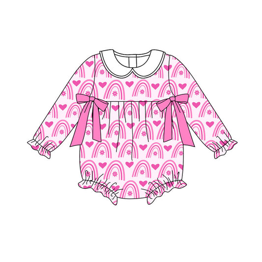 Preorder (moq 5)Baby Boys Pink Rainbows Hearts Bows Valentine Ruffle Rompers