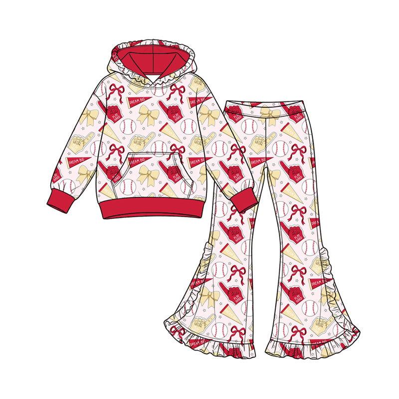 Preorder (moq 5) Baby Girl Clothes Baseball Bow Pennant Mixed Print Long Sleeve Hooded Top Flare Pant Set