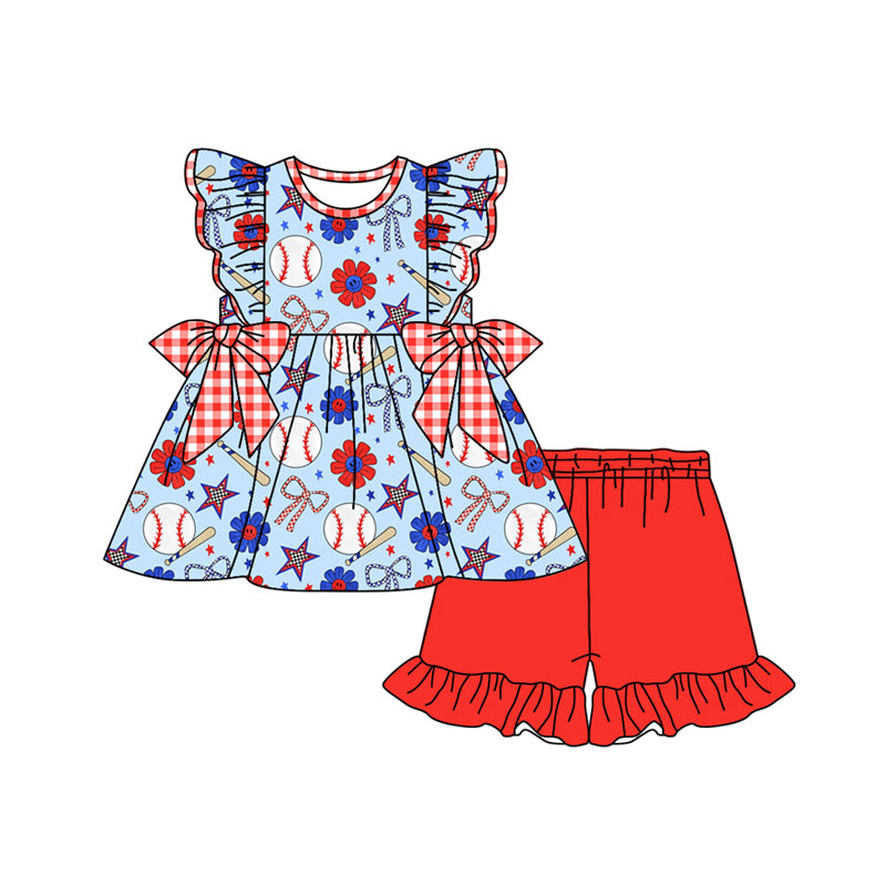 Preorder moq 5 Baby Girls Flutter Sleeves Baseballs Flowers Tunic Ruffle Short 4th Of July Set