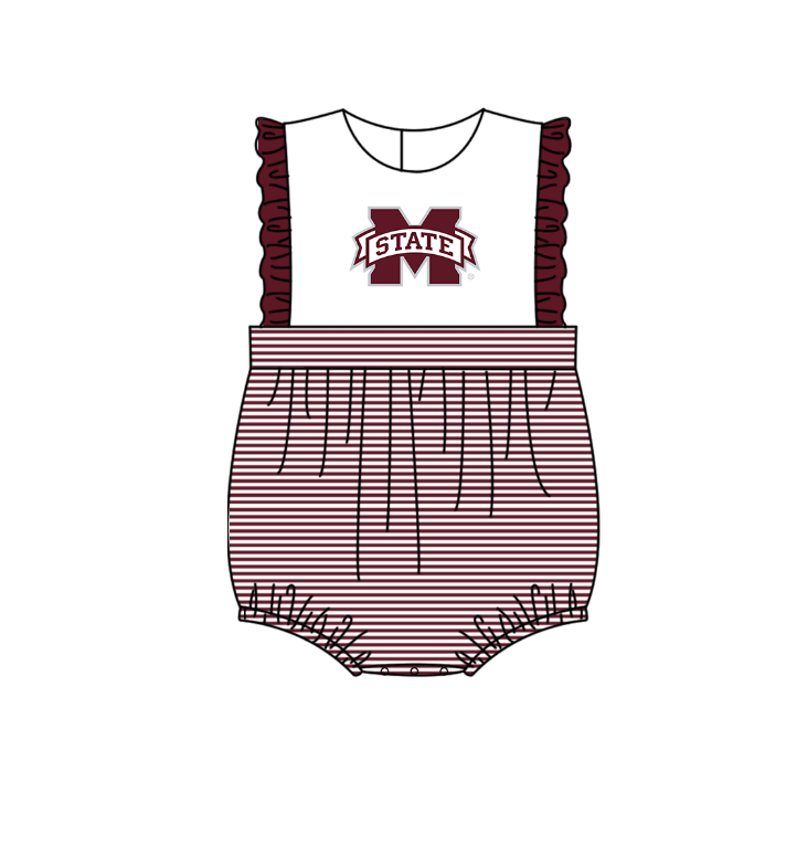 Preorder (moq 5)Baby Girls Sleeveless M State Team Ruffle Rompers