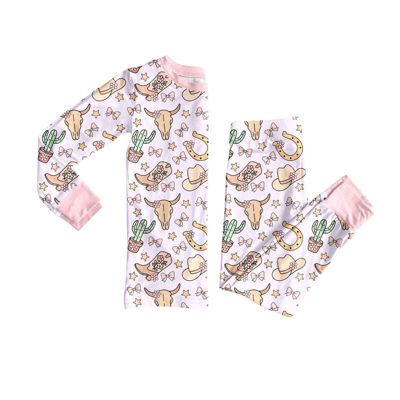 Preorder (moq 5)Baby Girls Pink Bull Skulls Hats Top Pant Pajamas Sets