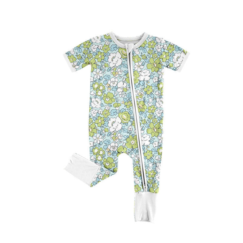 Preorder (moq 5)Baby Girls Short Sleeve Green Flowers Two Way Zipper Convertible Rompers