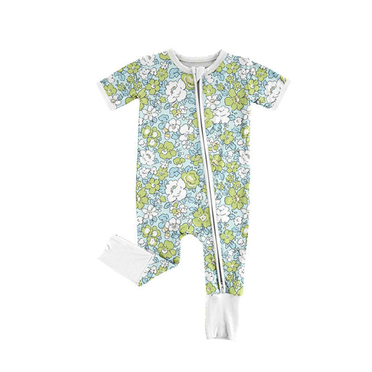 Preorder (moq 5)Baby Girls Short Sleeve Green Flowers Two Way Zipper Convertible Rompers