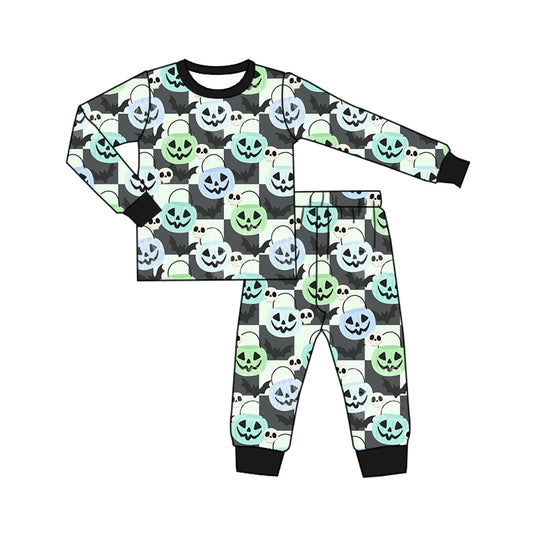 Preorder (moq 5)Baby Boys Long Sleeves Black Plaid Ghost Pumpkins Top Pant Pajamas Sets