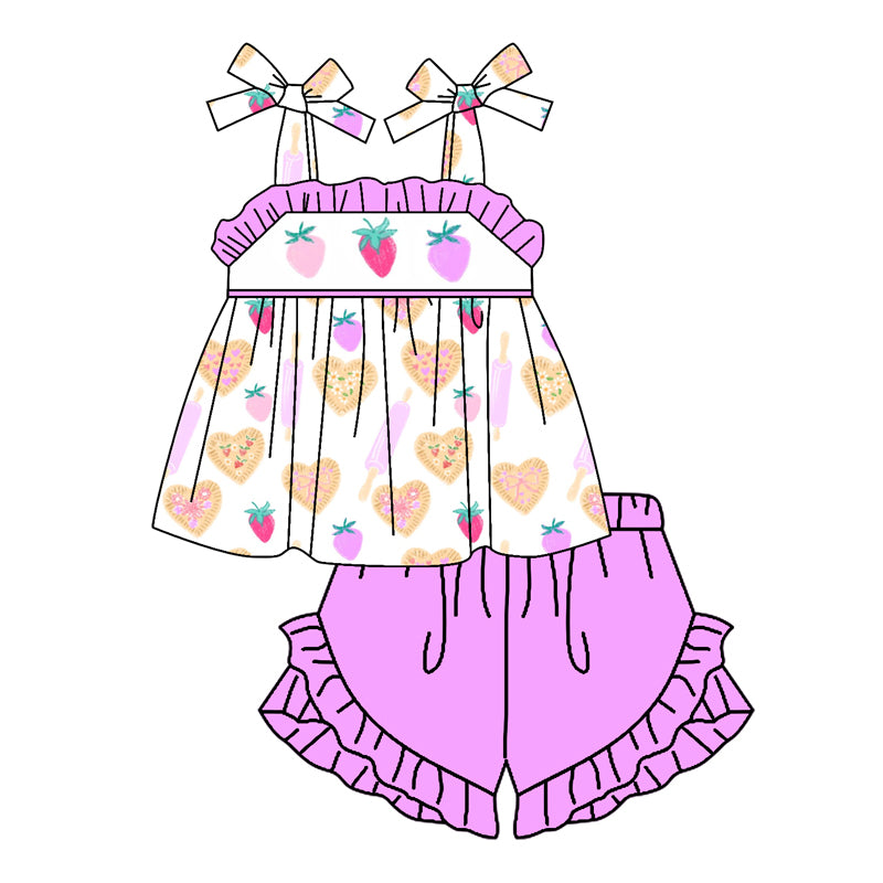 Preorder (moq 5)Baby Girls Strawberry Straps Tunic Top Shorts Clothes Sets