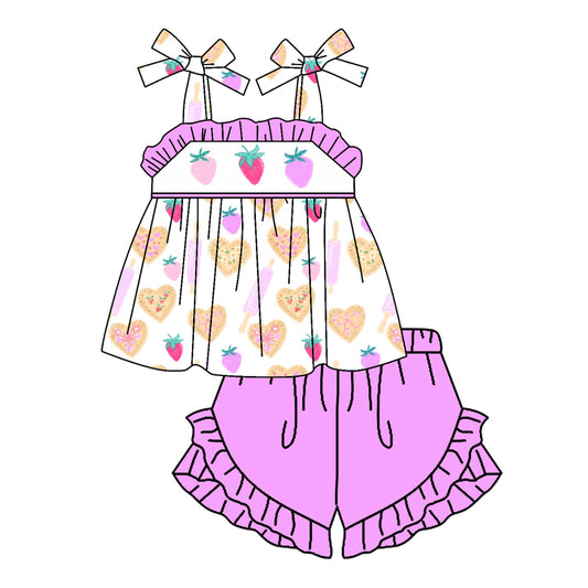 Preorder (moq 5)Baby Girls Strawberry Straps Tunic Top Shorts Clothes Sets