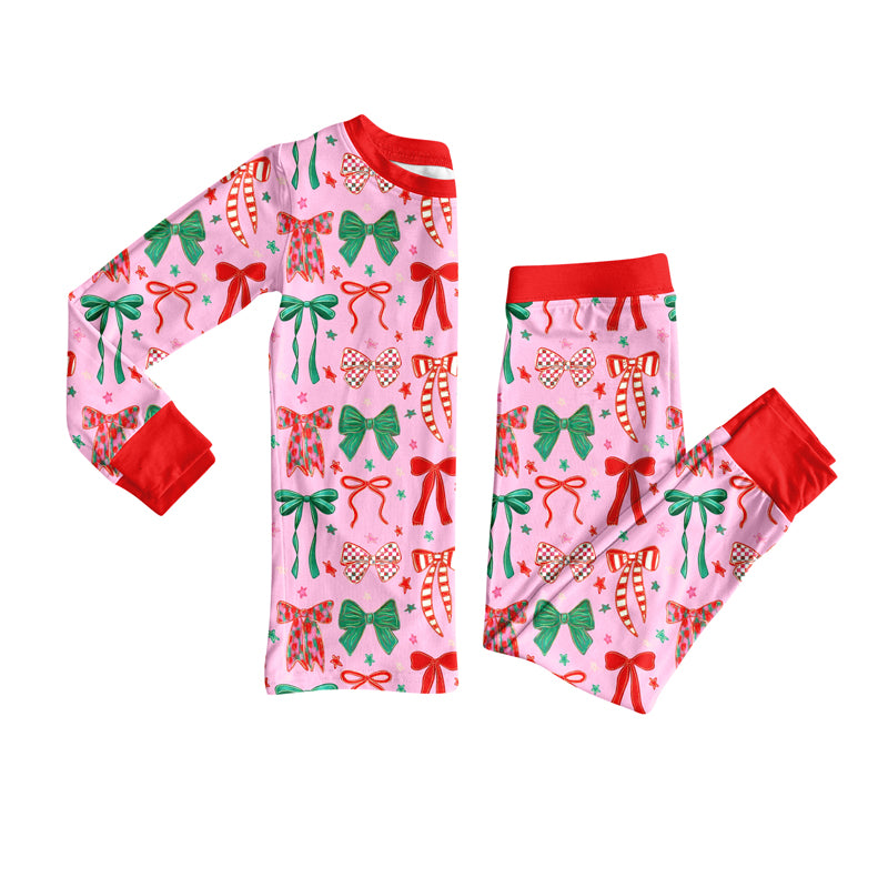 Preorder (moq 5)Baby Girls Long Sleeves Green Red Bows Plaid Top Pants Pajamas Set