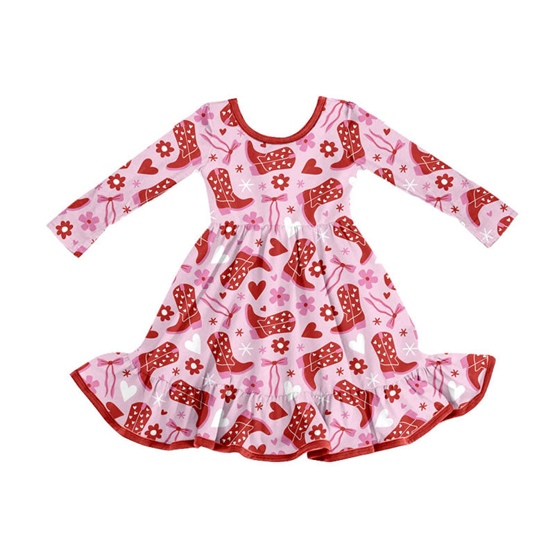 Preorder (moq 5)Baby Girls Boots Bows Flowers Valentine Ruffle Knee Length Dresses
