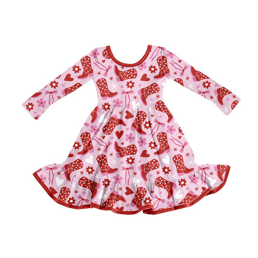 Preorder (moq 5)Baby Girls Boots Bows Flowers Valentine Ruffle Knee Length Dresses
