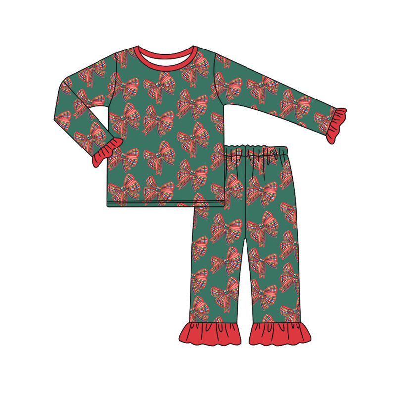 Preorder (moq 5)Baby Girls Long Ruffle Sleeves Plaid Bows Top Pant Pajamas Set