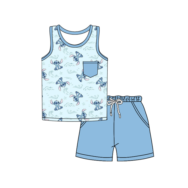 Preorder moq 5 Baby Boys Blue Sleeveless Cartoon Bunny Pocket Top Short Set