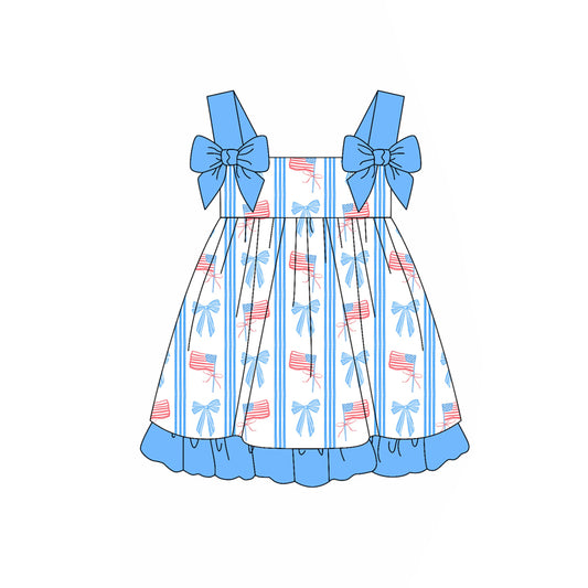 Preorder moq 5 Baby Girls Blue Strap Flags Bows 4th Of July Knee Length Dresses