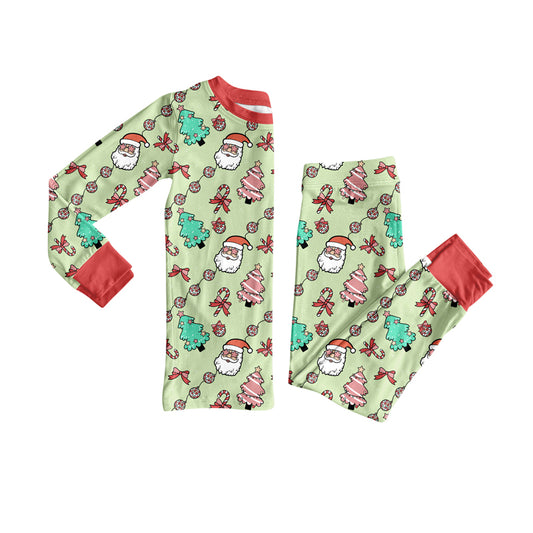 Preorder (moq 20)Baby Boys Bamboo Green Santa Trees Lights Christmas Pajamas Sets