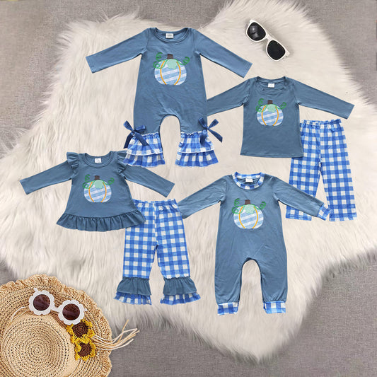 Sibling Baby Kids Blue Long Sleeves Pumpkin Fall Pants Clothes Sets Rompers