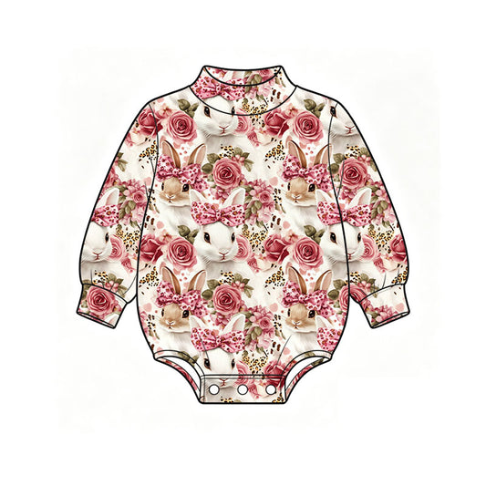 Preorder (moq 5) Baby Girl Clothes Pink Rose Floral White Bunny Bow Print Long Sleeve Mock Neck Baby Bodysuit