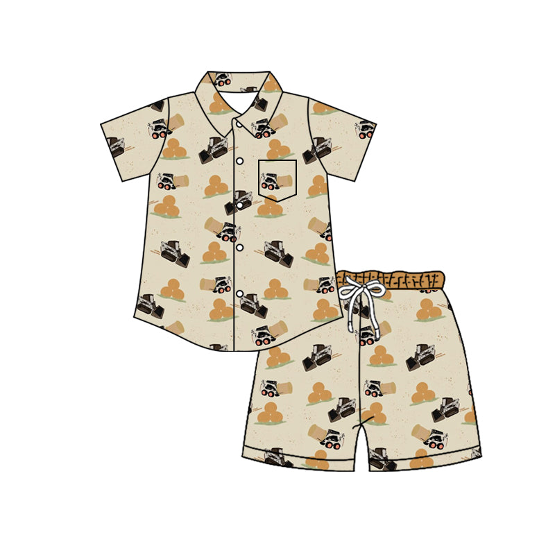 Preorder (moq 5)Baby Boys Trucks Button Pocket Top Short Farm Clothes Sets