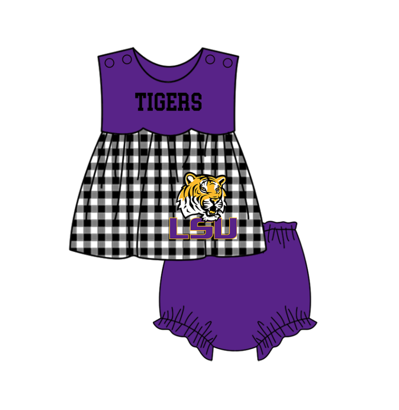 Preorder moq 5 Baby Girls LSU Tigers Tunic Bummies Short Team Clothes Set