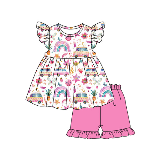 Preorder (moq 5)Baby Girls Pink Rainbow Buses Top Shorts Clothes Sets