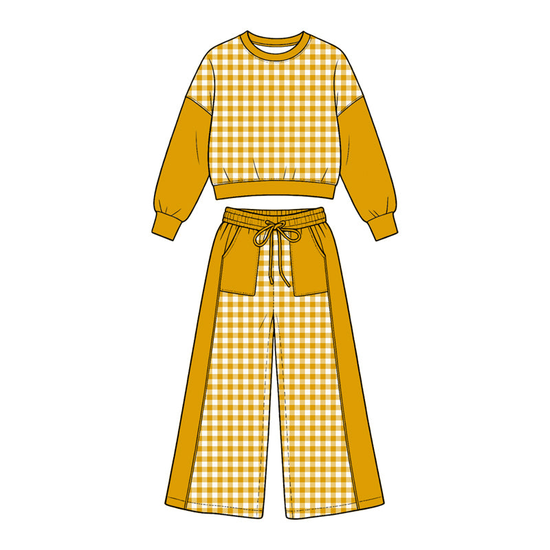 Preorder (moq5) Girl Clothes Yellow White Gingham Color Block Crop Sweatshirt Wide Leg Pants Set
