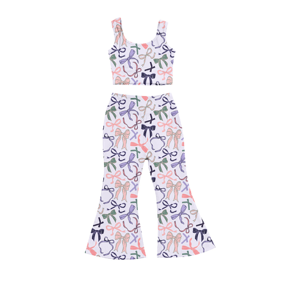 Preorder (moq 5)Baby Girls Lavender Sleeveless Colorful Bows Vest Top Bell Bottom Pant Set