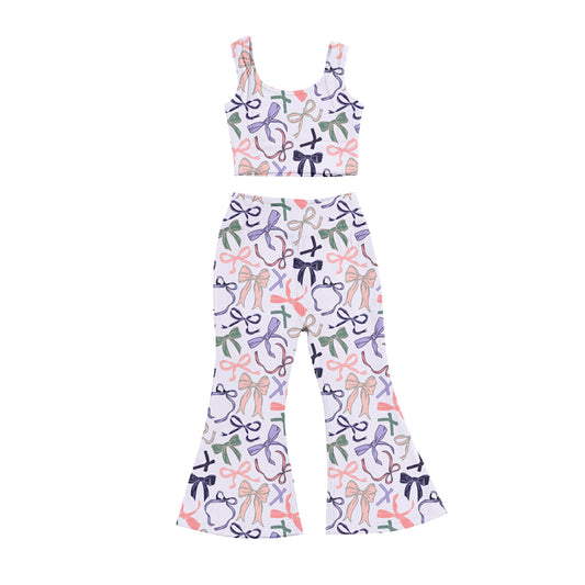 Preorder (moq 5)Baby Girls Lavender Sleeveless Colorful Bows Vest Top Bell Bottom Pant Set
