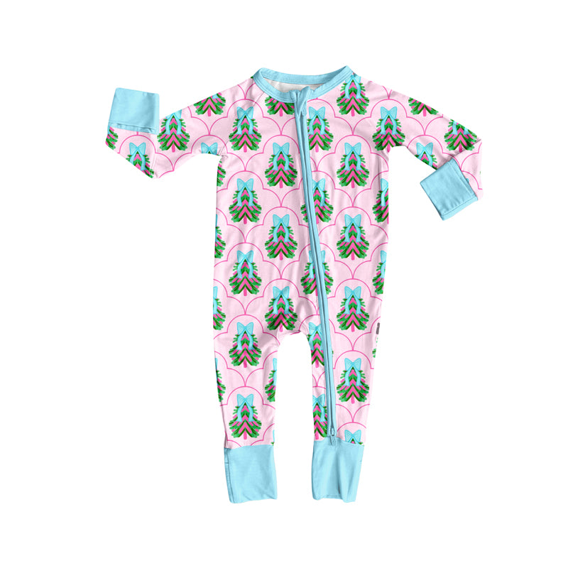 Preorder (moq 5)Baby Girls Long Sleeves Pink Bows Trees Plaid Zipper Romper