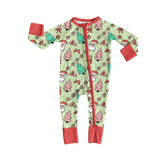 Preorder (moq 20)Baby Boys Bamboo Green Trees Santa Lights Christmas Zippy Footie Rompers