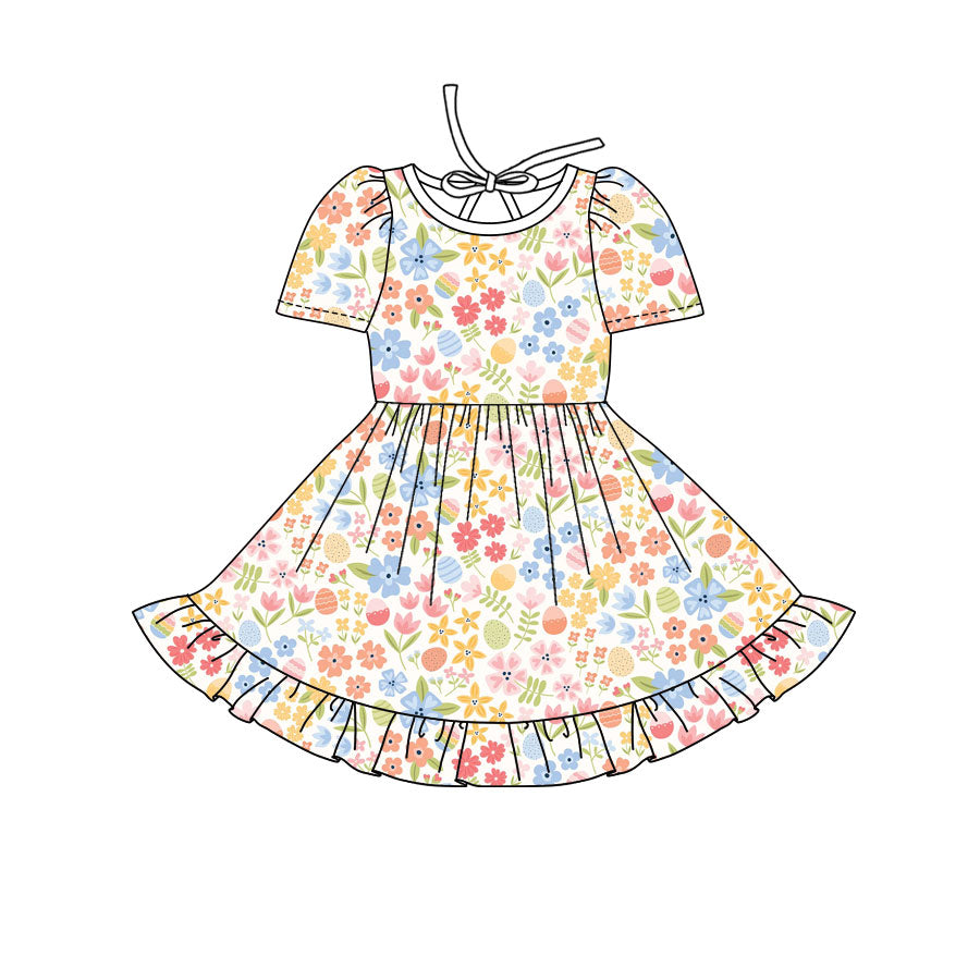 Preorder(moq 8)Baby Girls Colorful Flowers Eggs Easter Ruffle Knee Length Dresses