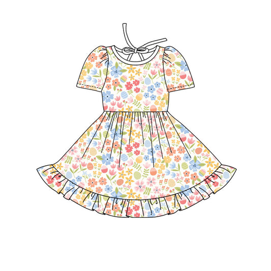 Preorder(moq 8)Baby Girls Colorful Flowers Eggs Easter Ruffle Knee Length Dresses