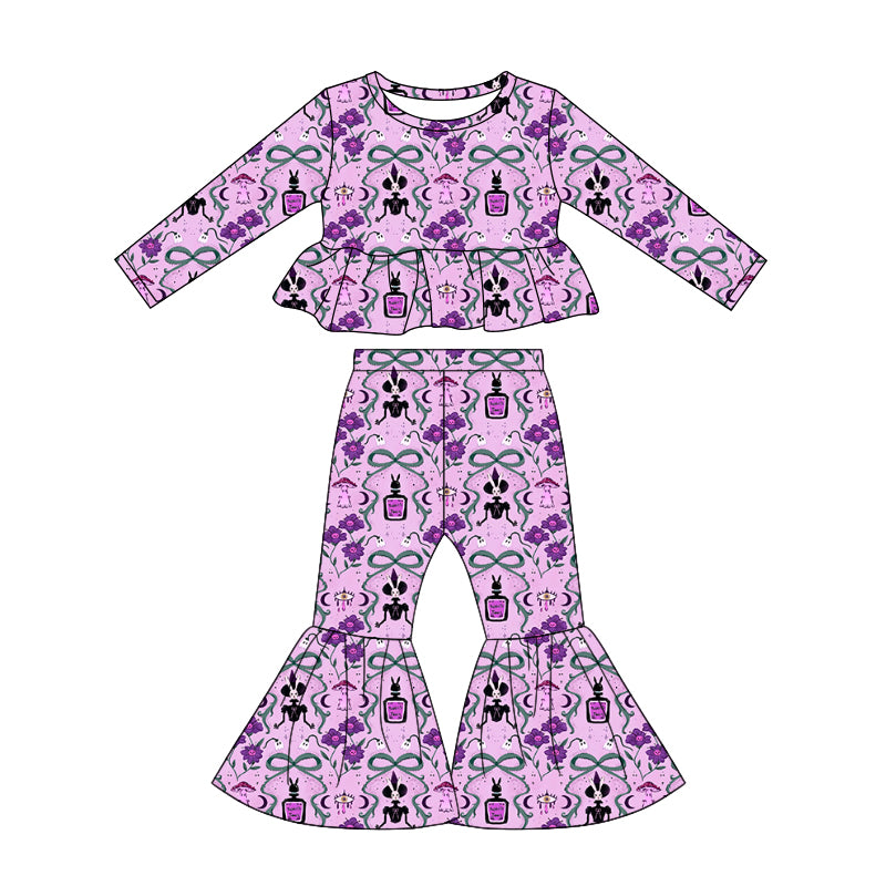 Preorder (moq 5)Baby Girls Ghost Bows Tunic Bell Bottom Pants Halloween Clothes Set