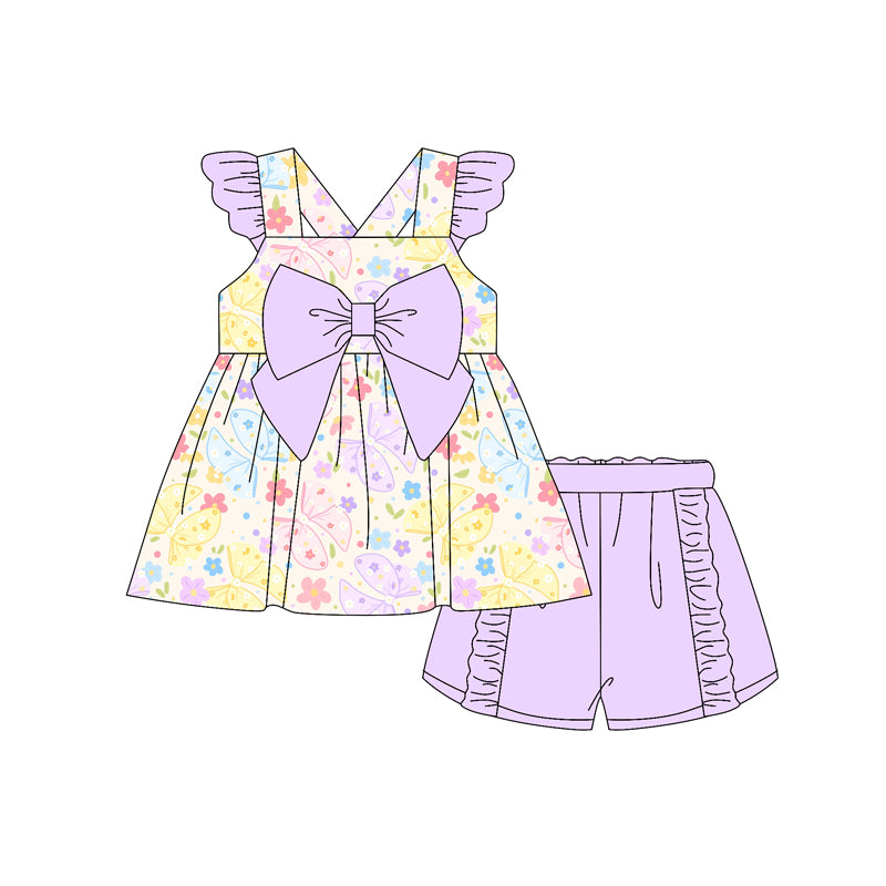 Preorder moq 5 Baby Girls Lavender Flutter Sleeves Colorful Butterfly Flowers Tunic Ruffle Short Set