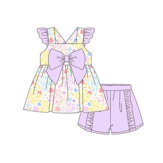 Preorder moq 5 Baby Girls Lavender Flutter Sleeves Colorful Butterfly Flowers Tunic Ruffle Short Set