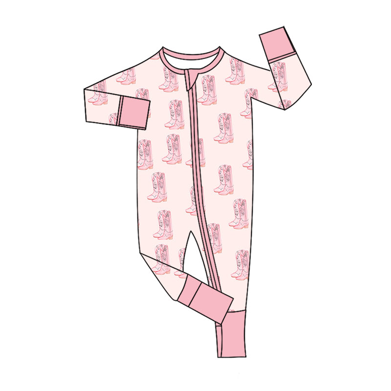 Preorder (moq 5)Baby Girls Flower Boots Plaid Western Two Way Zip Convertible Rompers