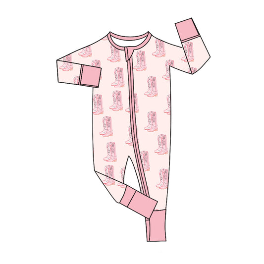 Preorder (moq 5)Baby Girls Flower Boots Plaid Western Two Way Zip Convertible Rompers