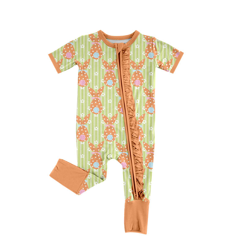 Preorder moq 5 Baby Girls’ Orange Candy Bag Print Romper, Zip-Up Front, Pink Ruffle Trim, Cute Casual One-Piece Outfit