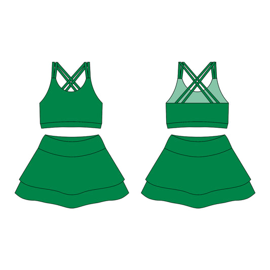 Preorder moq 10 Baby Girls Green Strap Activity Wear Vests Top Short Skirts Yoga Set
