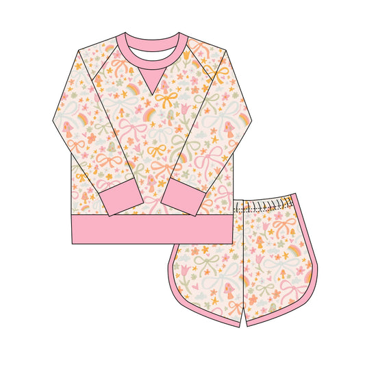 Preorder(moq 8)Baby Girls Colorful Mushrooms Flowers Long Sleeve Top Shorts Clothes Set