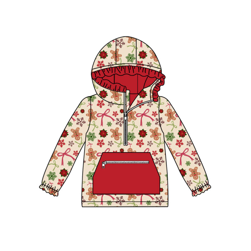 Preorder (moq 5)Baby Girls Gingerbread Bows Holly Zipper Pocket Christmas Ruffle Hooded Tops