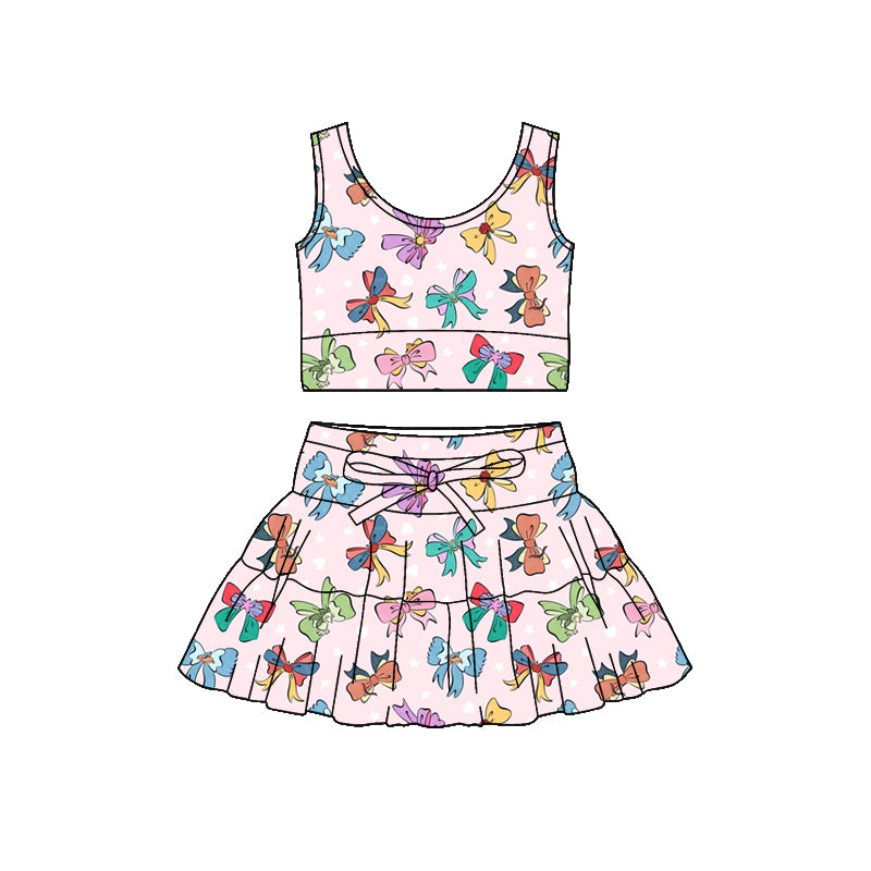 Preorder (moq 5)Baby Girls Colorful Bows Hearts Vest Ruffle Skirt Shorts Valentines Clothes Sets