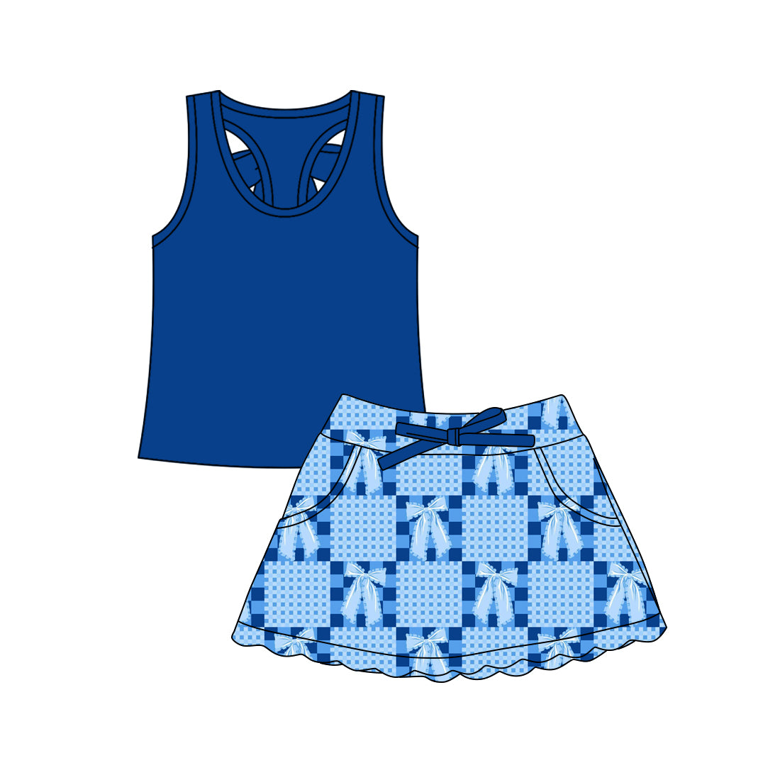 Preorder (moq 5)Baby Girls Navy Vests Bows Checked Scallop Pockets Skirt Shorts Clothes Sets