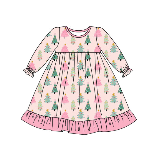 Preorder (moq 5)Baby Girls Pink Long Ruffle Sleeves Bow Trees Plaid Knee Length Dresses